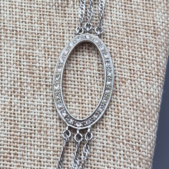 Monet Silver Tone Multi Strand Necklace Oval Rhinestone Stations Formal 24.5" - Picture 3 of 7